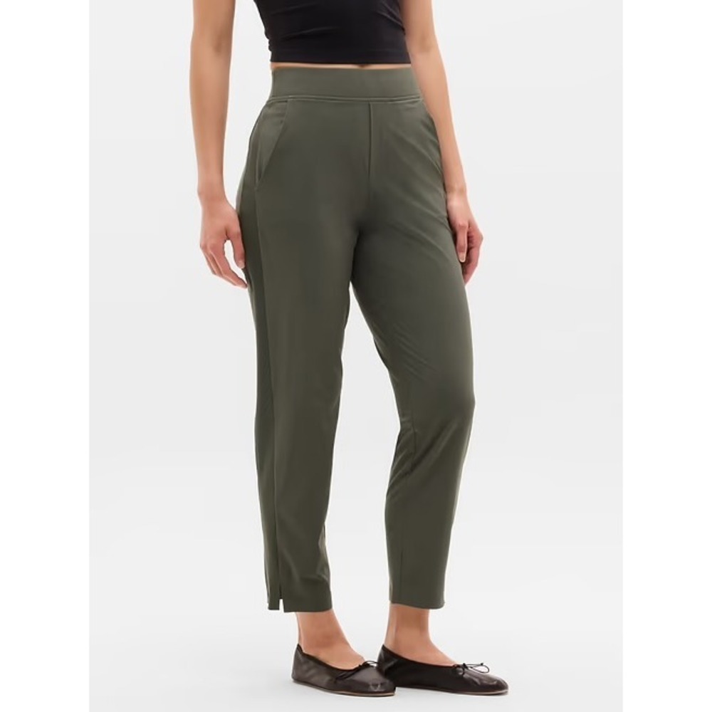 Athleta Brooklyn Ankle Pants 10 Tall Olive Green Tapered Stretch Travel Trouser